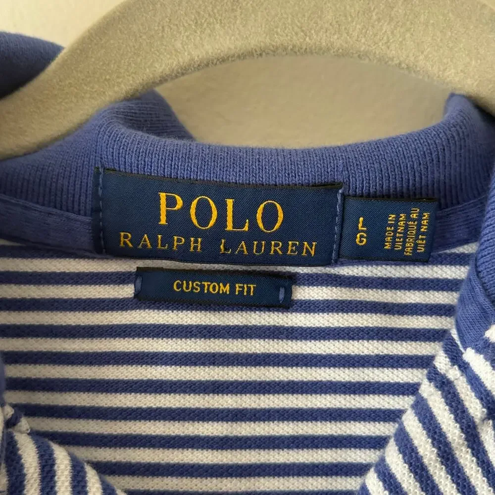 Ralph Lauren Indigo BlueStripe Custom Fit Pony Short Sleeve Polo Large Preppy